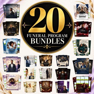 May include: A collection of 20 funeral programme bundles featuring various memorial designs. Each template includes space for photographs, names, and dates, with gold, black, and blue colour schemes. The central graphic displays the text 20 FUNERAL PROGRAM BUNDLES.