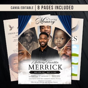 Può includere: Un programma di servizio commemorativo con il testo "In Loving Memory" e il nome "Anthony Franklin Merrick". Il design include ritratti, date e dettagli del servizio. Sono visibili anche le parole "Canva Editable" e "8 Pages Included".