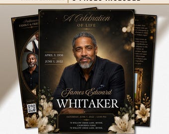 Back & Gold Funeral Program Canva Template | Gold Theme | 8 Page Memorial Booklet