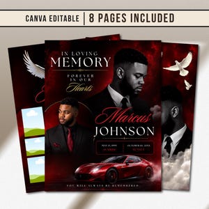 May include: A funeral program template featuring a red and black theme with a portrait of a man in a suit, a red sports car, and white doves. The text reads In Loving Memory, Forever In Our Hearts, Marcus Johnson, Sunrise, Sunset, and You Will Always Be Remembered.