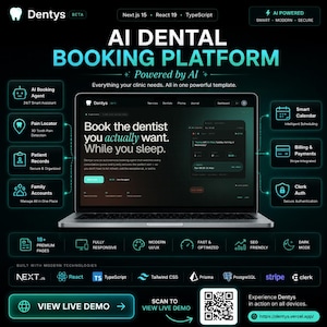 May include: A laptop displaying the Dentys AI dental booking platform interface with a dark theme. The screen shows text including Book the dentist you actually want. While you sleep. Features include an AI booking agent, pain locator, and smart calendar.
