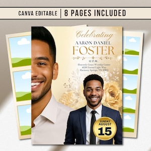 Puede incluir: Una invitación editable en Canva con el texto "Celebrating Aaron Daniel Foster" y detalles del evento. El diseño presenta un hombre sonriente, detalles florales y la fecha "Sunday August 15". Incluye 8 páginas.