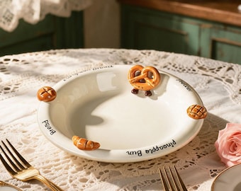 Könnte beinhalten: Eine weiße Keramikschale mit Brot-Dekorationen, darunter ein Brezel, ein Brötchen und ein Croissant. Die Schale trägt die Aufschriften "Bread", "Pretzel" und "Pineapple Bun". Goldfarbene Gabeln und eine Rose sind ebenfalls im Bild.