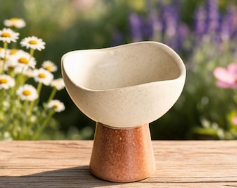 Könnte beinhalten: Eine cremefarbene Keramikschale mit einem rotbraunen Sockel. Die Schale hat eine organische Form und steht auf einer Holzoberfläche. Der Hintergrund zeigt verschwommene Blumen.