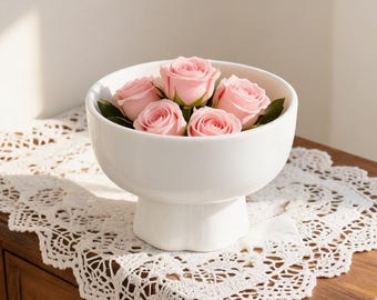 White Ceramic Footed Bowl, Small Pedestal Compote Dish, 200ml Dessert Cup, Flower Centerpiece Vase, Minimalist Home Decor Gift