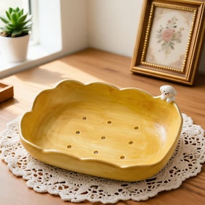 Può includere: Una fruttiera in ceramica gialla con bordo smerlato e piccoli fori. Una piccola statuina di cane bianco è sul bordo. La ciotola poggia su un centrino di pizzo bianco su una superficie di legno. Un'immagine incorniciata e una pianta in vaso sono sullo sfondo.