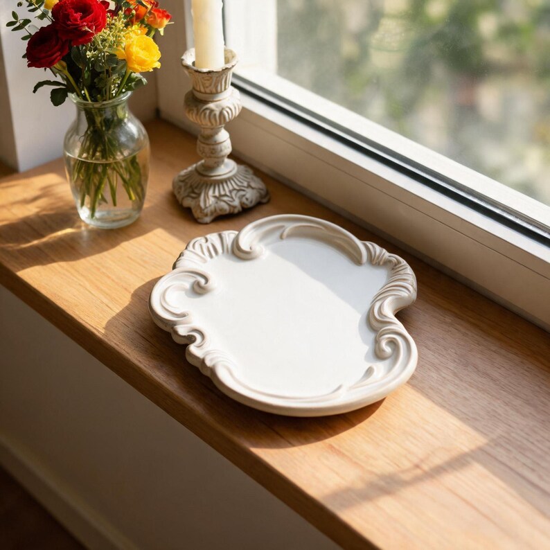 Cream white scalloped decorative plate with raised rococo scroll details