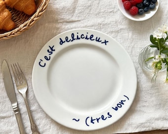 French Ceramic Plate, Blue White Handwritten Dessert Plate, C’est Délicieux Breakfast Plate, Cottagecore Tableware, Housewarming Gift