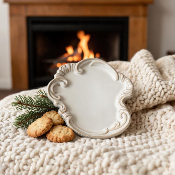White Ceramic Trinket Dish, 8.2 Inch Baroque Scalloped Jewelry Tray, Small Decorative Plate Gift