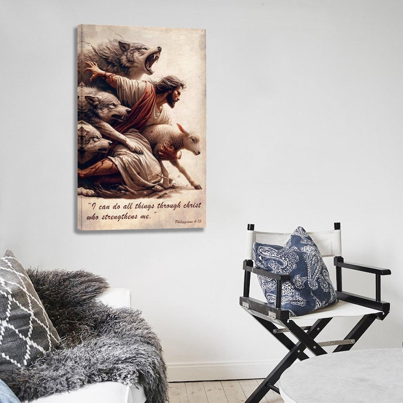 Jesus Protecting Lamb From Wolves Art Print | Philippians 4:13 Bible ...