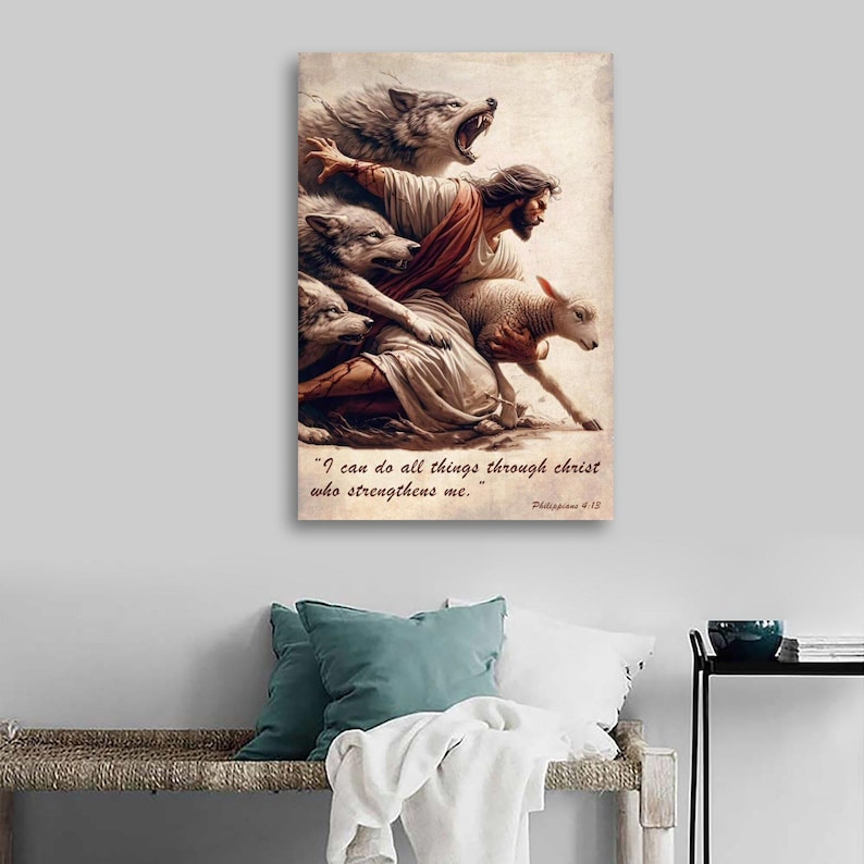 Jesus Protecting Lamb From Wolves Art Print | Philippians 4:13 Bible ...