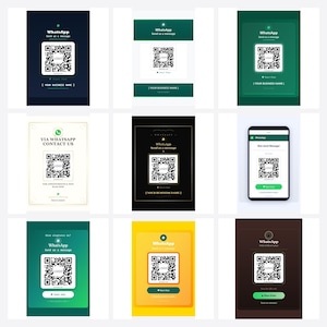 Op de afbeelding: Een verzameling van negen digitale sjablonen voor WhatsApp-bedrijfsborden, elk met een uniek kleurenschema, een centrale QR-code, het WhatsApp-logo en tijdelijke aanduidingstekst voor een bedrijfsnaam, ontworpen voor klantcontact.