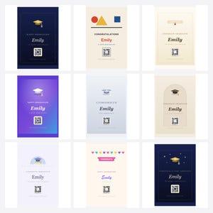 May include: A collection of nine rectangular graduation announcement cards featuring the name Emily, various graduation-themed icons like caps and diplomas, and a central QR code on each card. The designs include diverse color palettes and layouts.