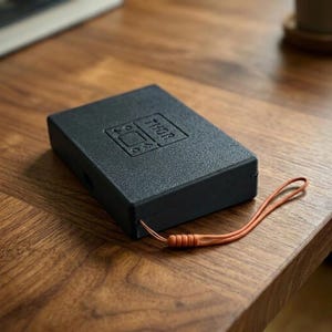 Puede incluir: Una caja de almacenamiento rectangular negra con superficie texturizada y la palabra THOR grabada en la tapa superior. La caja cuenta con una correa de silicona naranja fina y flexible unida a un lado, diseñada para transportar o asegurar el objeto.