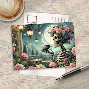 Tea Drinking Skeleton Illustrated A6 Postcard, 350gsm Matte Silk touch art print, Stationery Gift, Postcrossing, Small Framed Wall Art