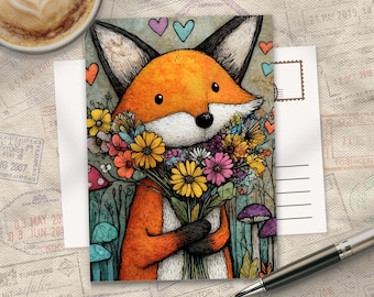 Carte postale renard avec animaux insolites, impression d'art au toucher soyeux mat A6, 350 g, carte magnifiquement illustrée à traverser ou à encadrer