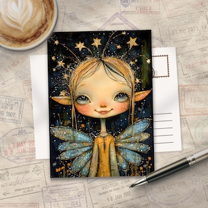 Happy Pixie Illustrated A6 Postcard, 350gsm Matte Silk touch art print, Stationery Gift, Post crossing, Small Framed Wall Art