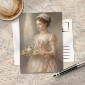 May include: A postcard with a vintage painting of a woman in a pink dress holding a tray with a teapot and cups. The background is a soft, blurred scene. The postcard is placed on a surface with travel stamps and a cup of coffee.