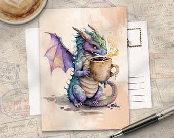 Dragon Drinking Coffee Postcard, A6 350g Matte Silk touch art print, Beautifully illustrated card for post crossing or framing
