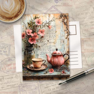 May include: A vintage postcard with a floral still life, including a teacup, teapot, and flowers. The postcard has a distressed wooden background with script. A cup of coffee and a pen are also present. The color scheme is pink, brown, and blue.
