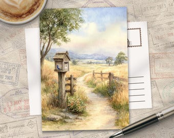 Country Lane Postbox 2 ansichtkaart, 350 g A6, mat zijdezachte kunstprint, prachtig geïllustreerde kaart om in te lijsten of in te lijsten