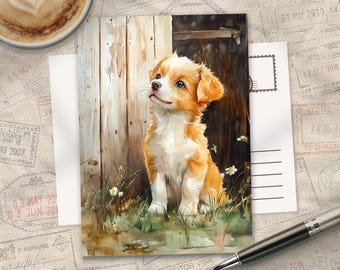 Farm Animals Puppy Postcard, A6 350g Matte Silk touch art print, Beautifully illustrated card for post crossing or framing