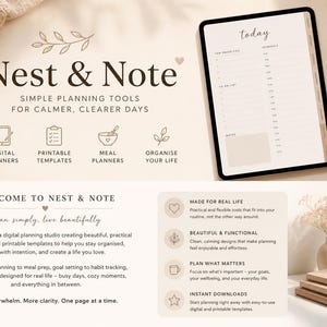 Pode incluir: Imagem de um planejador digital com a palavra "today" na tela, uma vela e uma xícara de café. A imagem também inclui o texto "Nest & Note" e o slogan "Simple Planning Tools for Calmer, Clearer Days".