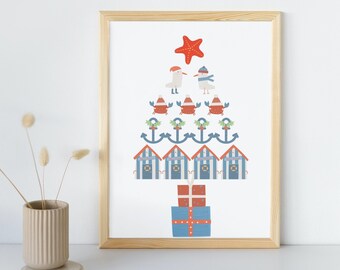 Beach Hut Christmas Tree Digital Art Print, A4 Printable Wall Art, Seaside Coastal Nautical Art, Dekoracje świąteczne, Dekoracje domowe
