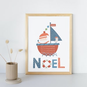 Santa Nautical Noel Christmas Digital Print, A4 Printable Wall Art, Seaside Coastal Christmas Art