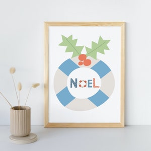 Nautical Noel Holly Wreath Digital Print, A4 Printable Wall Art, Seaside Coastal Home decor, Christmas decor, Gift
