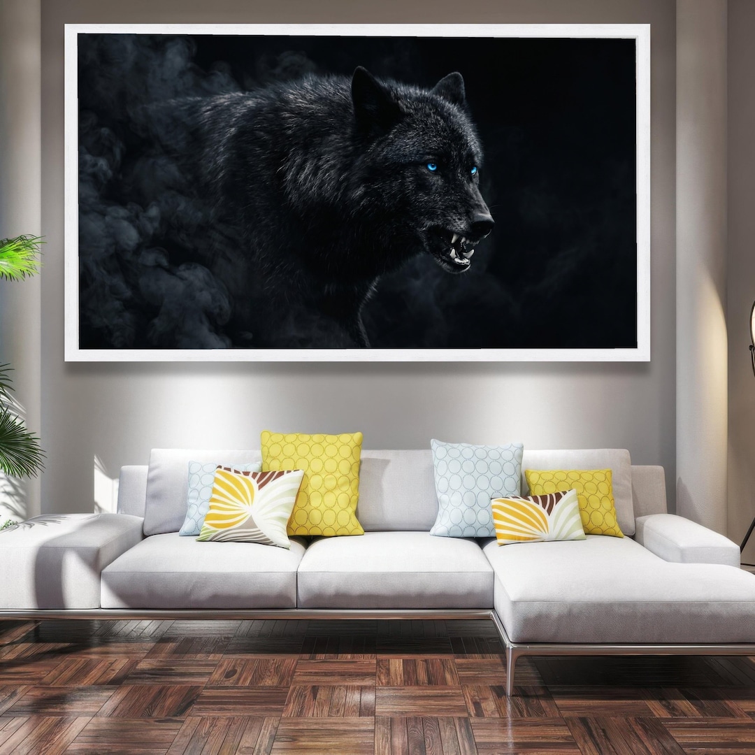 Fierce Black Wolf Canvas Wall Art, Blue Eyes Animal Portrait, Mystic ...