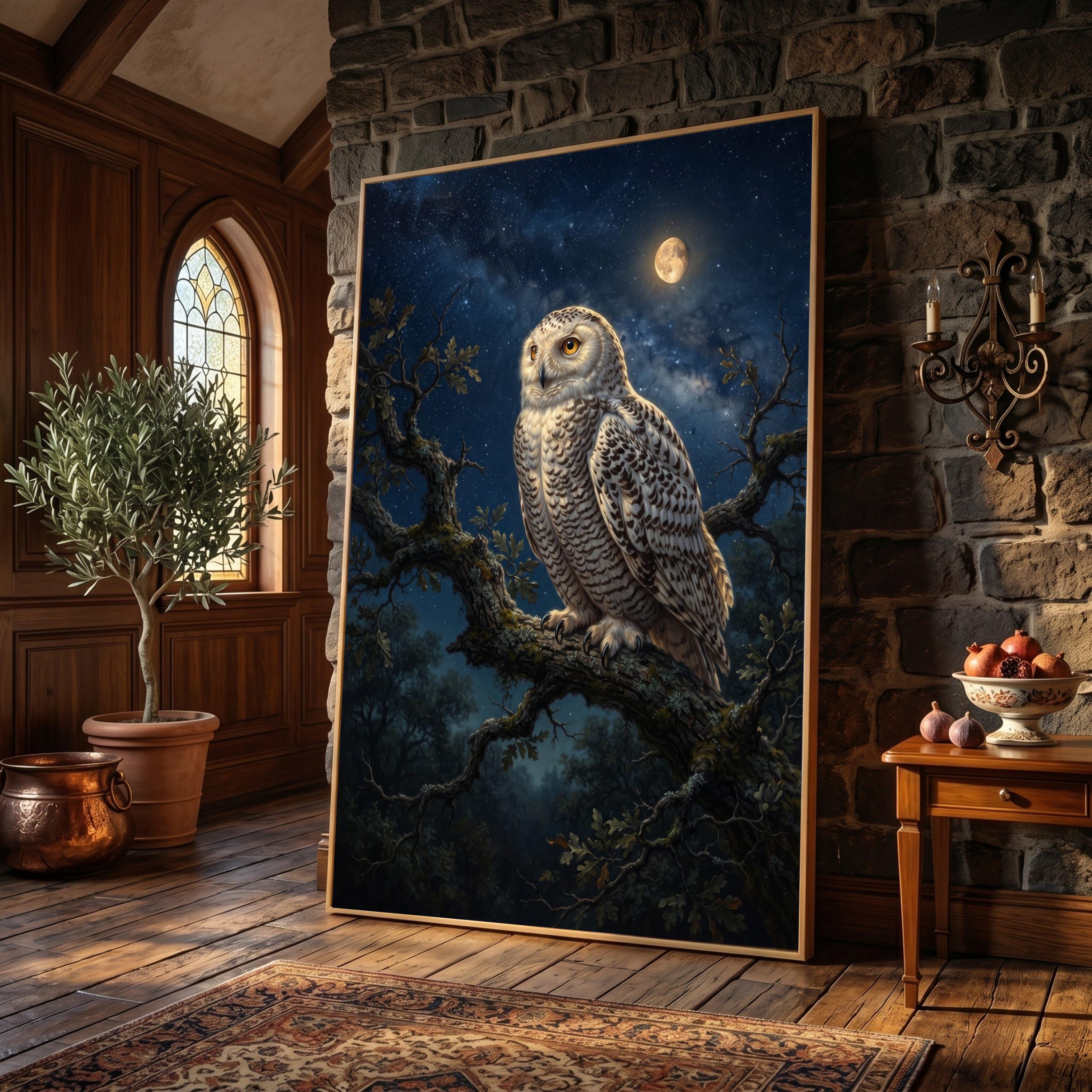 Majestic Snowy Owl Canvas Wall Art, Night Sky Moonlight Painting, Wildlife Nature Decor, Forest Tree