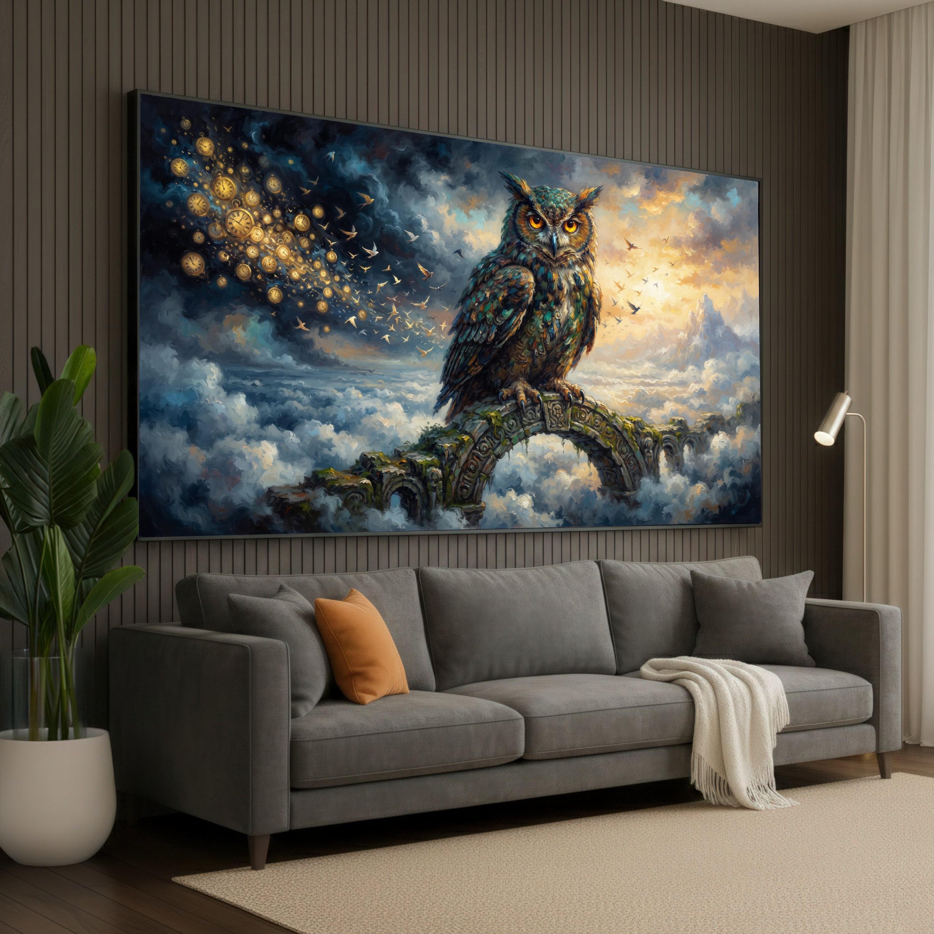 Mystical Owl Perched on Ancient Archway, Surreal Sky Clocks Canvas, Fantasy Nature Wall Art, Time an