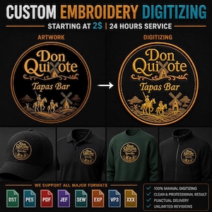 Puede incluir: Servicio de digitalización de bordados personalizados con un logotipo circular de Don Quixote Tapas Bar que incluye un molino y un jinete. El diseño se muestra como arte, parche bordado y aplicado en una gorra, polo, sudadera y chaqueta negra.