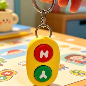 3Dプリント製の「はい／いいえ」と答えられるボタンキーホルダー（アニメ『ブルーイ』の「ダンスモード」エピソードにインスパイアされたもの）