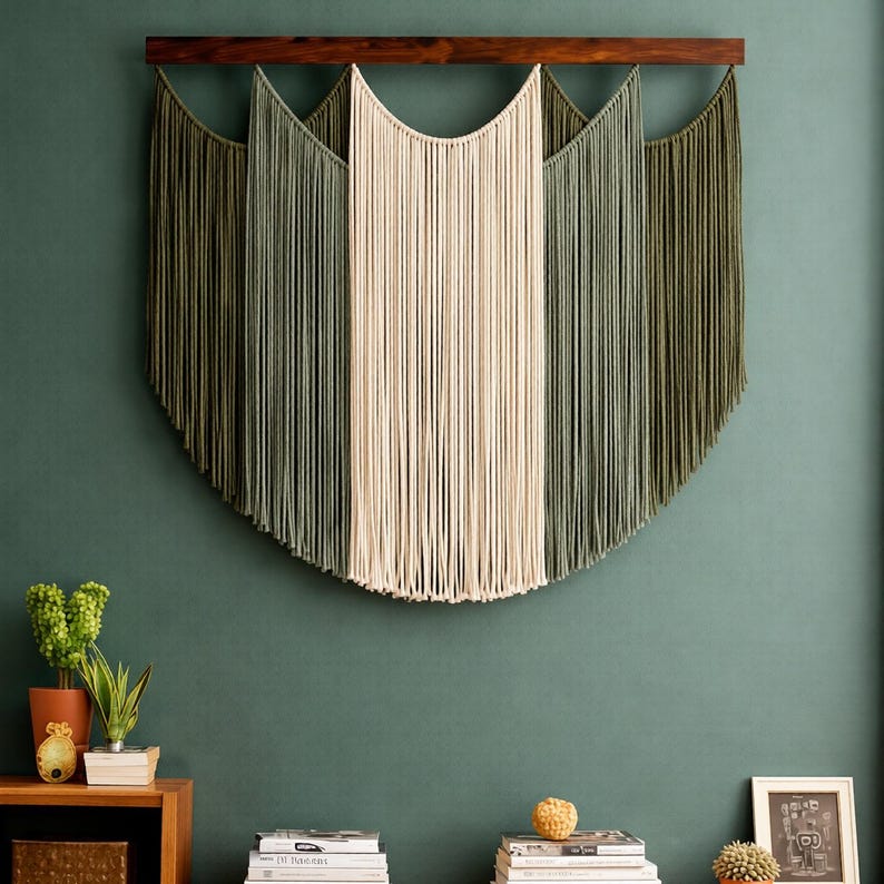 Curated visual reference: Sage Green Boho Macrame Wall Hanging Modern Woven Fiber Art Photo Inspiration