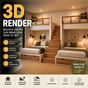 May include: A 3D render of a bedroom with two bunk beds, stairs, and storage drawers. The image includes text that reads "3D Render" and "Bring Your Vision to Life!" The image also includes icons for interior, furniture, and exterior renders.