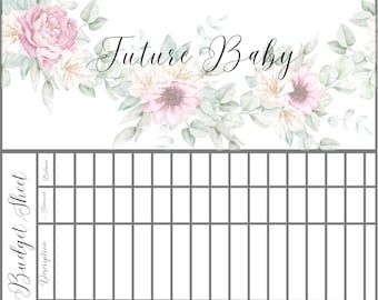 以下が含まれることがあります： 白い予算シート。エレガントな筆記体で「Future Baby」の文字と、ピンク、白、緑の水彩画の花柄が特徴です。シート上部には花柄、下部には財務追跡用のグリッドがあります。
