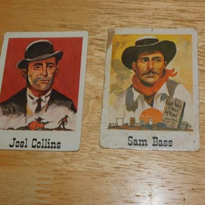1966 Joel Collins + Sam Bass trading cards - nonsports - wild west outlaws - vintage 60s