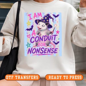 May include: A cream-colored sweatshirt featuring a graphic of an opossum wearing a star-patterned wizard hat and holding a wand. The text reads "I AM A CONDUIT FOR NONSENSE" in purple, surrounded by pink hearts, stars, and purple bats on a light blue striped background.