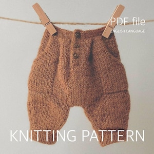 May include: A pair of brown knitted pants with three buttons at the center waist and two side pockets. The pants are suspended by two wooden clothespins on a string. The text PDF file ENGLISH LANGUAGE KNITTING PATTERN is visible.