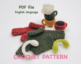 Gehaakte trui, koffie en koptelefoon, haakpatroon, voor miniteddybeer, klassieke teddybeer, pdf-bestand, Engelse taal
