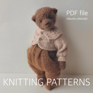 May include: A brown teddy bear wearing a beige knit cardigan with buttons and brown knit trousers. The image includes the text PDF file ENGLISH LANGUAGE and KNITTING PATTERNS. This is a digital document for creating a stuffed toy through knitting.