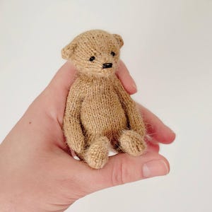 Peut inclure: Un petit ours en peluche tricot&eacute; beige avec des yeux noirs et un nez cousu noir. L'ours est assis droit, les bras et les jambes tendus. L'ours est tenu dans la main d'une personne.