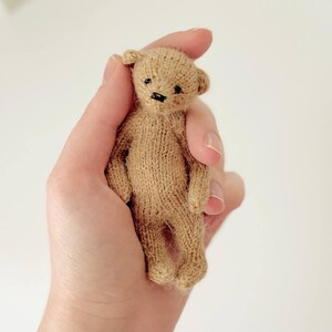 Peut inclure: Un petit ours en peluche tricot&eacute; de couleur marron clair. L'ours a de petits yeux noirs et un nez cousu noir. L'ours est tenu dans une main, mettant en valeur sa petite taille. La texture tricot&eacute;e de l'ours est visible.