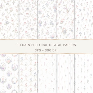 Könnte beinhalten: Eine Sammlung von zehn digitalen Papieren mit zarten Blumenmustern in sanften Rosa-, Blau- und Grüntönen auf weißem Hintergrund. Der Text 10 DAINTY FLORAL DIGITAL PAPERS JPG 300 DPI ist in der Mitte des Bildes zentriert.