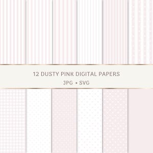 May include: A collection of 12 digital papers in dusty pink, featuring various patterns like stripes, dots, and gingham. The image includes the text "12 DUSTY PINK DIGITAL PAPERS" with file type information.