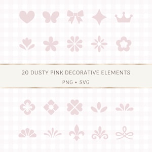 Può includere: Una collezione di 20 elementi decorativi color rosa polvere in formato PNG e SVG, che include icone come cuori, farfalle, fiocchi, stelle, corone e varie forme floreali e ghirigori su uno sfondo a quadretti rosa e bianco.