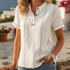 Chemise blanche à col en V et boutons Femme | ample à manches courtes | Haut d'été décontracté | Chemise patchwork bohème | Haut de plage pour tous les jours