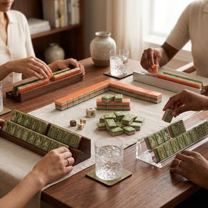 Peut inclure: Un jeu de Mahjong compos&eacute; de tuiles rectangulaires aux dos verts et orange, dispos&eacute;es sur une table. Le set comprend des r&eacute;glettes en bois et en acrylique transparent, des petits d&eacute;s et des piles de tuiles au centre, utilis&eacute; par plusieurs joueurs.